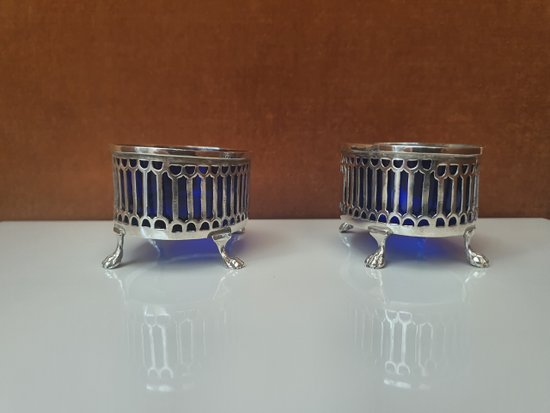 Pair Of Salt Shakers, Silver And Blue Glass, 1798-1809.