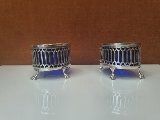 Pair Of Salt Shakers, Silver And Blue Glass, 1798-1809.