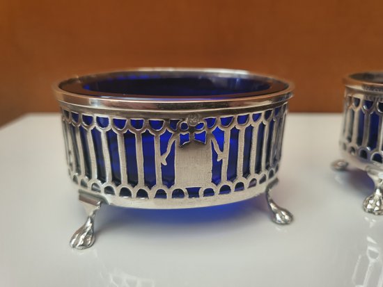 Pair Of Salt Shakers, Silver And Blue Glass, 1798-1809.