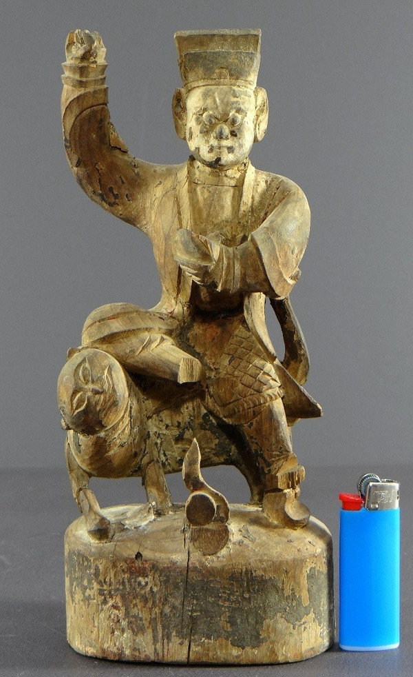 Chine, Début Du XIXème Siècle, Statue De Chao Kung Ming En Bois Sculpté.