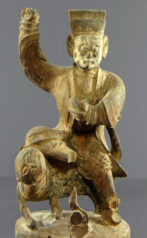 Chine, Début Du XIXème Siècle, Statue De Chao Kung Ming En Bois Sculpté.