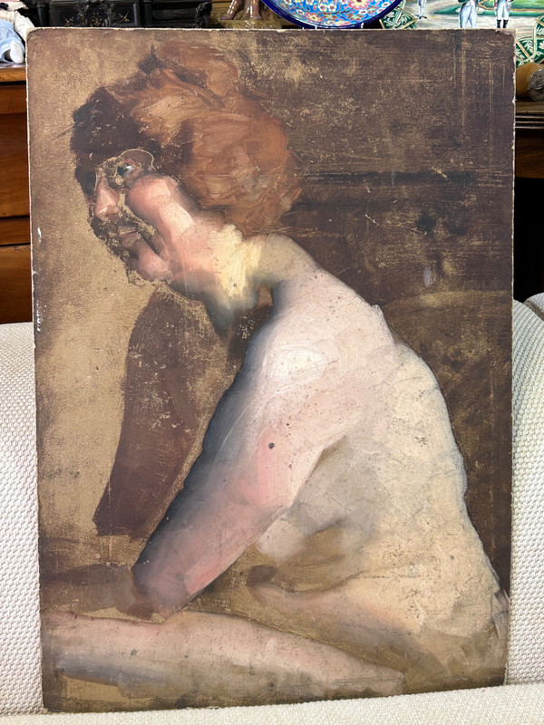 Curieuse étude De Nue - Peinture Sur Carton Fin XIXéme