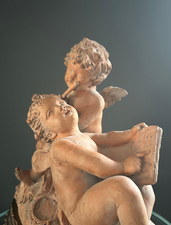 Scultura Amore Musicisti In Terracotta Epoca XIX Secolo