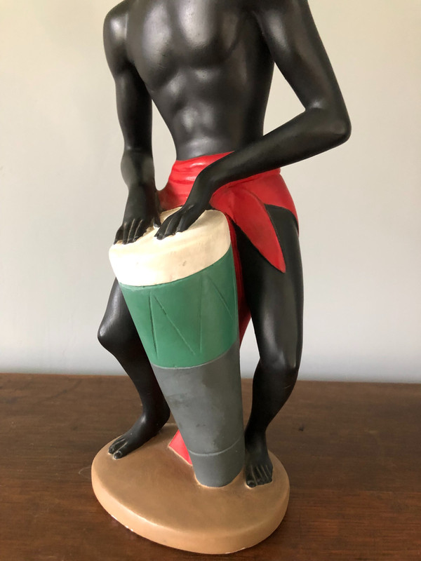 Orientalist polychrome plaster statue by Salvatore Melani (1902-1934) The Djembe Player