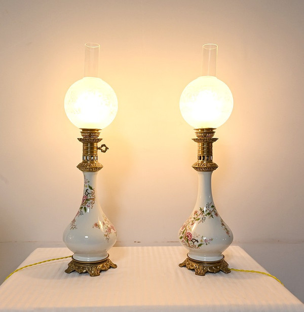 Pair of Electrified Oil Lamps, Napoleon III style - Mid 20th century