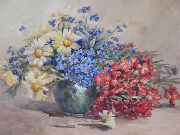 Watercolor bouquet of flowers in a vase signed by M. Lejour 19th century d : 71 x 57 cm