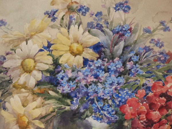 Watercolor bouquet of flowers in a vase signed by M. Lejour 19th century d : 71 x 57 cm