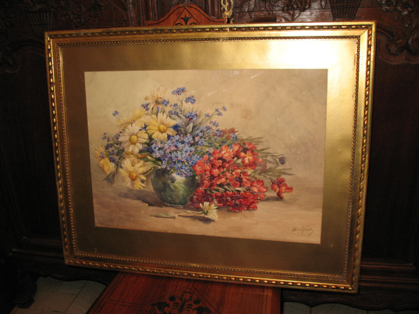 Watercolor bouquet of flowers in a vase signed by M. Lejour 19th century d : 71 x 57 cm