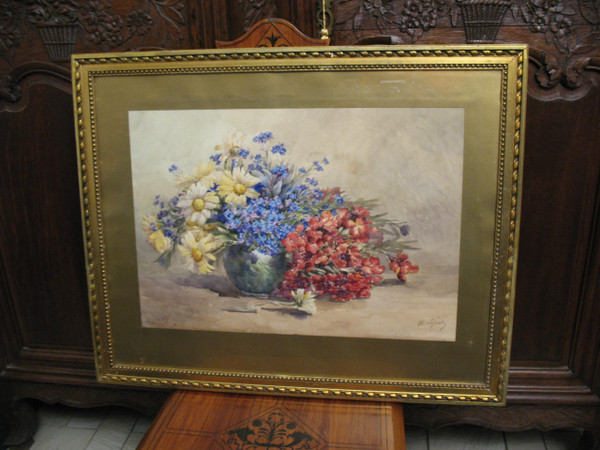 Watercolor bouquet of flowers in a vase signed by M. Lejour 19th century d : 71 x 57 cm