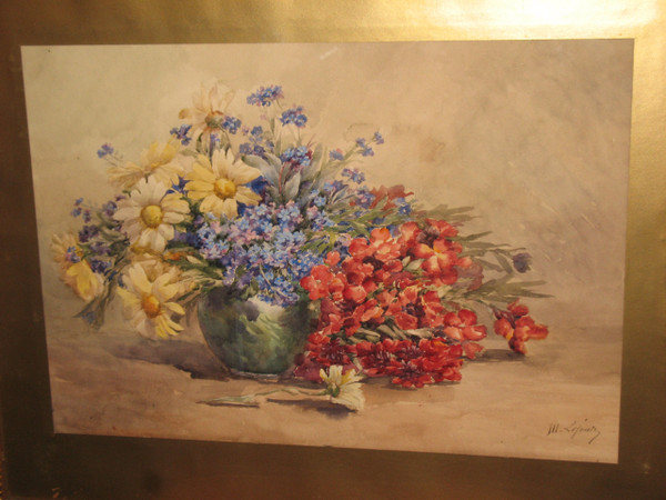 Watercolor bouquet of flowers in a vase signed by M. Lejour 19th century d : 71 x 57 cm