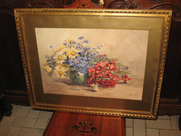 Watercolor bouquet of flowers in a vase signed by M. Lejour 19th century d : 71 x 57 cm