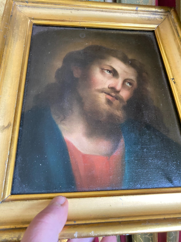 Beau portrait du Christ au beau regard , peinture huile/toile de sensibilité d'époque Louis Philippe