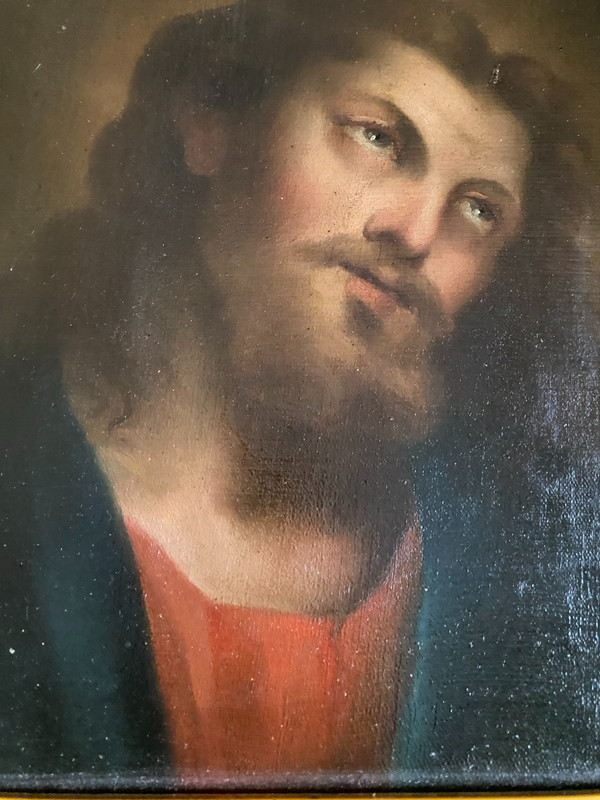 Beau portrait du Christ au beau regard , peinture huile/toile de sensibilité d'époque Louis Philippe