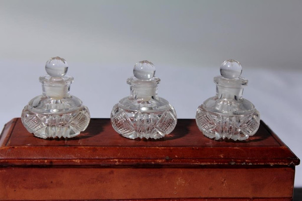 Leather box with 3 so-called “scent” crystal bottles from the 19th century