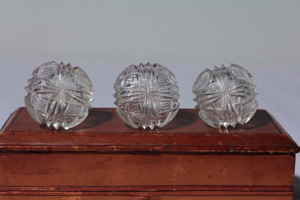 Leather box with 3 so-called “scent” crystal bottles from the 19th century