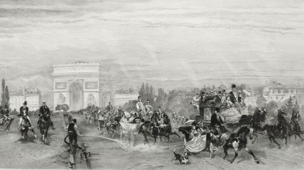 Etching Arc De Triomphe Prize The Departure Of Races  19th  C Engraving Old Print Horses