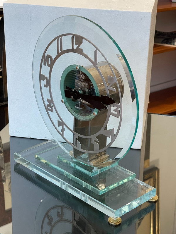 Magnificent transparent electric clock in ATO glass, Art Deco, France, Circa 1930