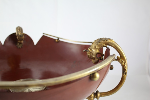 Red lacquered sheet metal scalloped bowl with ormolu tripod mount 19th century period