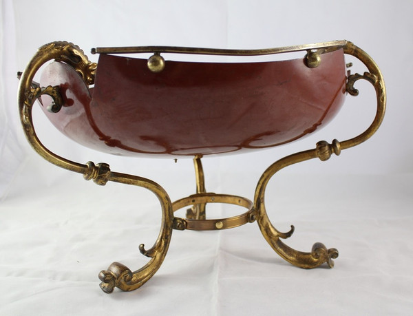 Red lacquered sheet metal scalloped bowl with ormolu tripod mount 19th century period