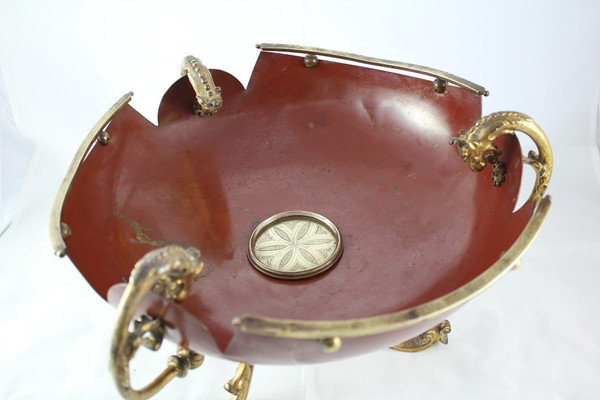 Red lacquered sheet metal scalloped bowl with ormolu tripod mount 19th century period