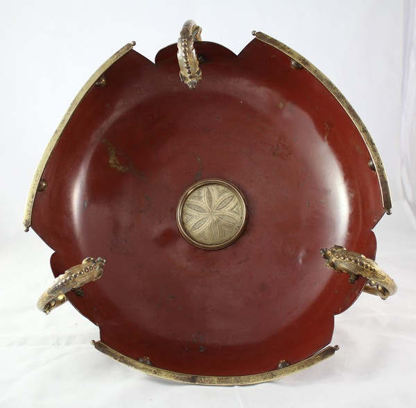 Red lacquered sheet metal scalloped bowl with ormolu tripod mount 19th century period