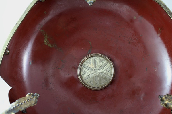 Red lacquered sheet metal scalloped bowl with ormolu tripod mount 19th century period