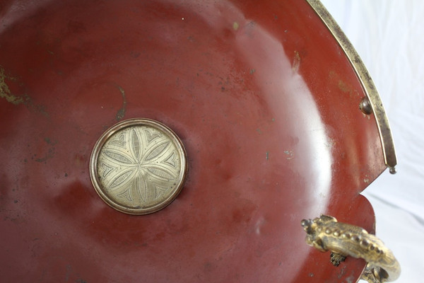 Red lacquered sheet metal scalloped bowl with ormolu tripod mount 19th century period