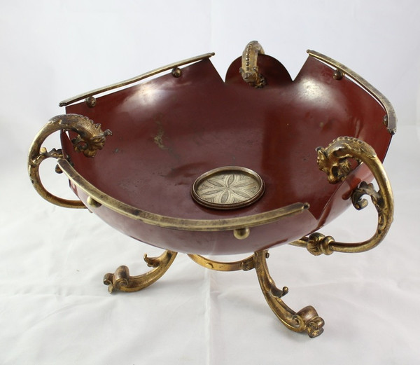 Red lacquered sheet metal scalloped bowl with ormolu tripod mount 19th century period