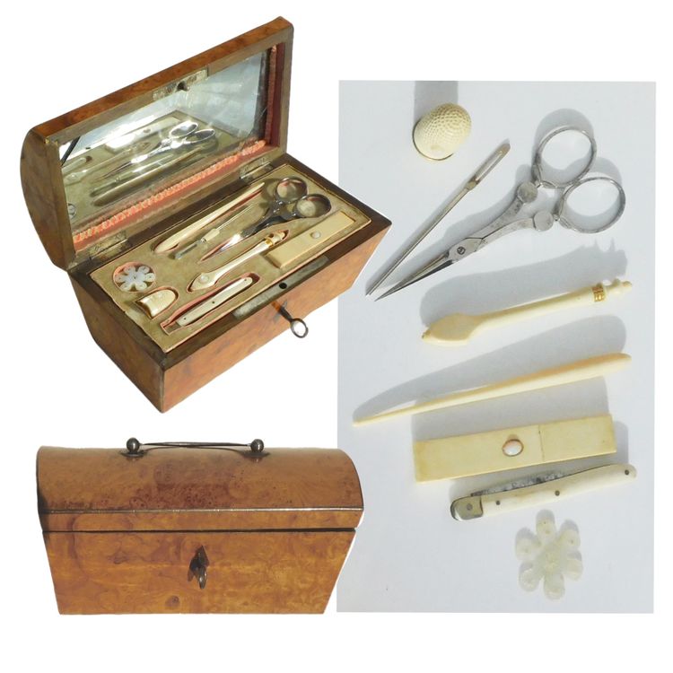 Boite Coffret Nécessaire De Couture XIXe Restauration Ciseaux Aciers Outils Os Ivoire