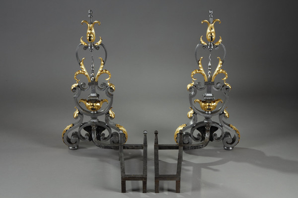 PAIR OF WROUGHT IRON LANDIERS (ANDIRONS), LATE 19TH CENTURY