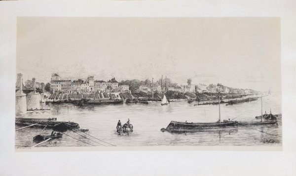 The Seine And The Quai De Bercy Etching By Charles Michel Geoffroy  19th C Old Print