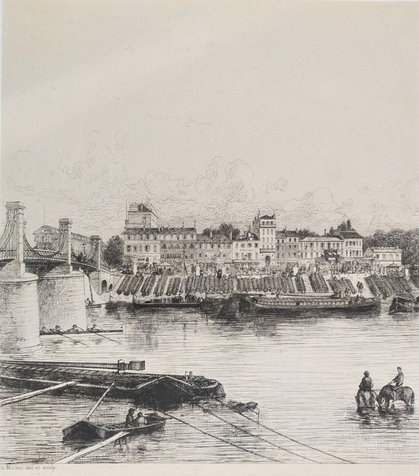 The Seine And The Quai De Bercy Etching By Charles Michel Geoffroy  19th C Old Print