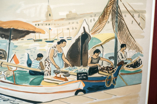 Yves BRAYER, lithograph, "MARSEILLE and the merchants of the old port".