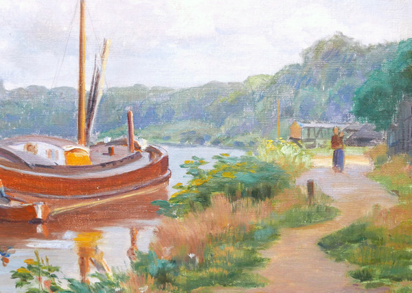 Charles Joseph Victor WISLIN, Bord de rivière animé avec un bateau (la Somme ?)