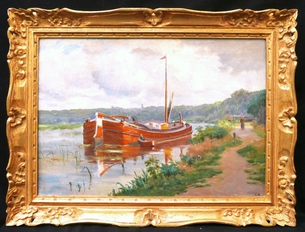 Charles Joseph Victor WISLIN, Bord de rivière animé avec un bateau (la Somme ?)