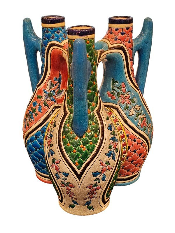 Longwy 19th Century Trilobed Gourd Vase "Scales and Floral Garlands"