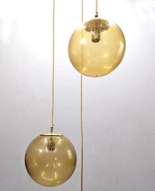 Chandelier Made Up Of 5 Hanging Balls In Orange Bubble Colored Glass, Height 290 Cm