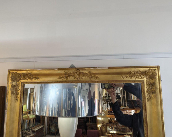 Large Restoration Mirror In Gilded Stucco With Gold Leaf