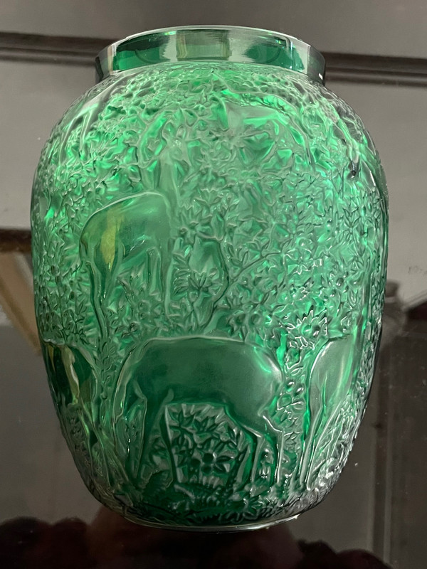 Lalique France - Art Deco Style Green Crystal Doe Vase