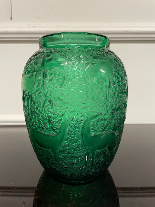 Lalique France - Art Deco Style Green Crystal Doe Vase