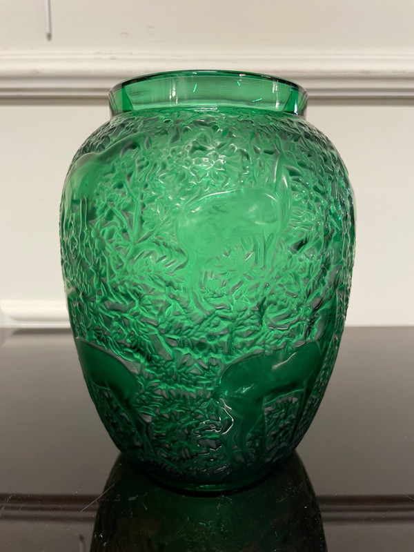 Lalique France - Art Deco Style Green Crystal Doe Vase