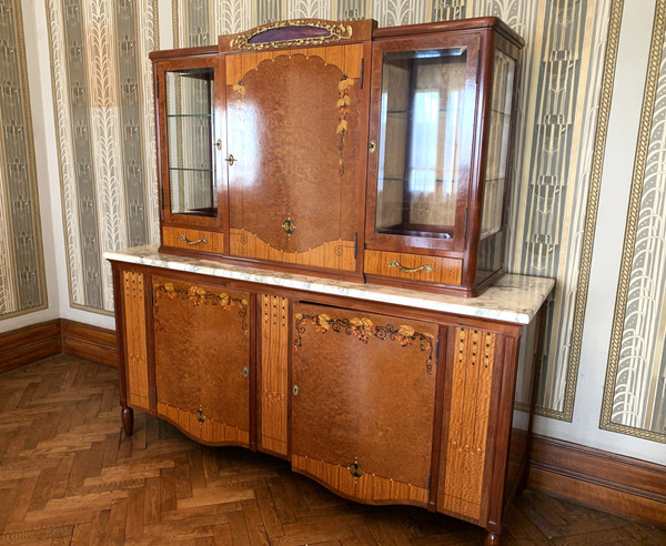 Buffet Art Déco / Art Nouveau Marqueterie De Bois Et Nacre Pâte De Verre Et Bronze