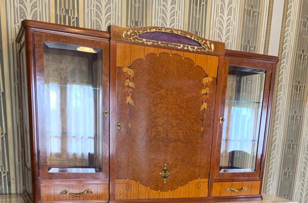 Buffet Art Déco / Art Nouveau Marqueterie De Bois Et Nacre Pâte De Verre Et Bronze