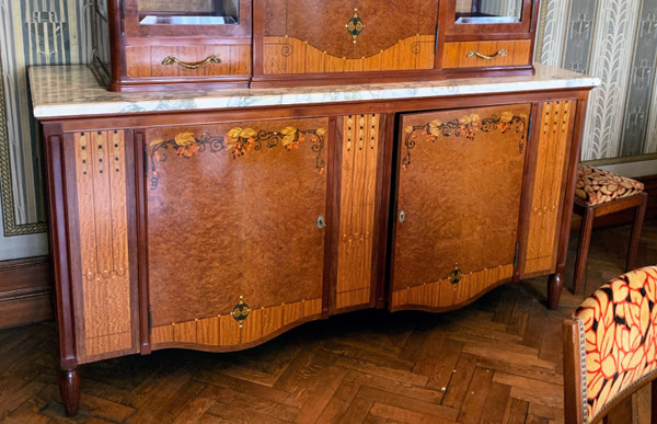 Buffet Art Déco / Art Nouveau Marqueterie De Bois Et Nacre Pâte De Verre Et Bronze