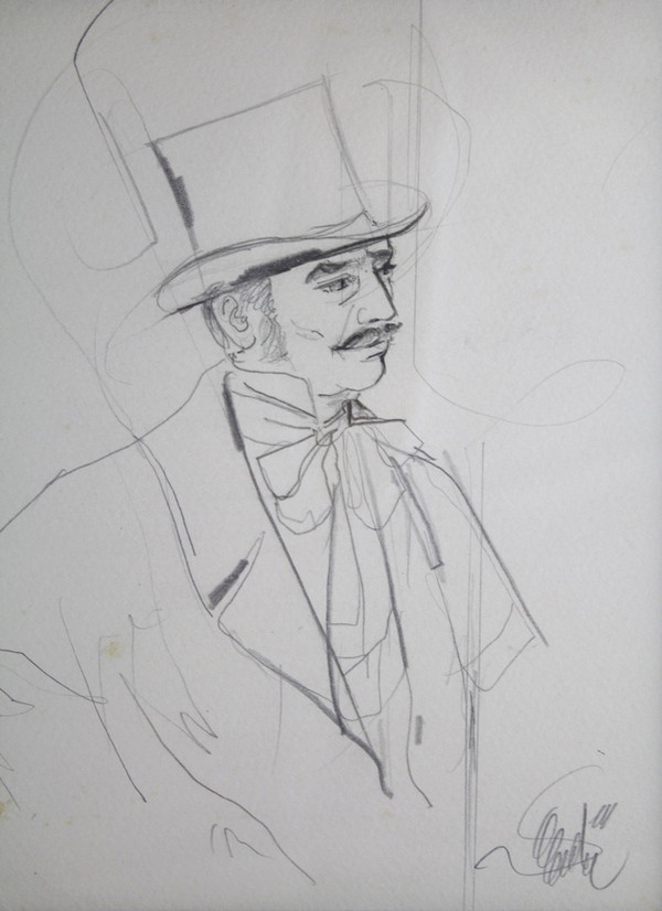 Drawing "Portrait of a man in a top hat" Jean-Baptiste Valadié (born in 1933)