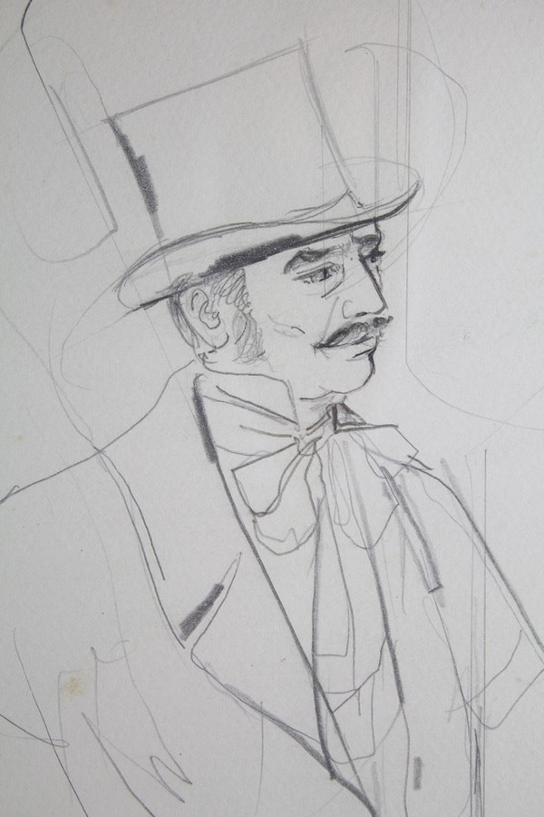 Drawing "Portrait of a man in a top hat" Jean-Baptiste Valadié (born in 1933)