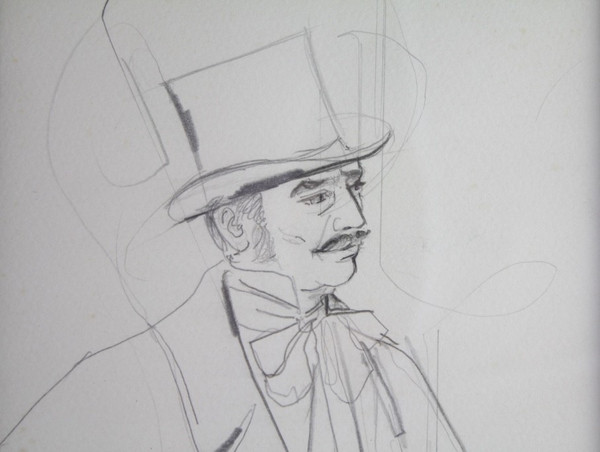 Drawing "Portrait of a man in a top hat" Jean-Baptiste Valadié (born in 1933)