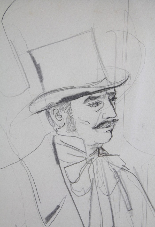 Drawing "Portrait of a man in a top hat" Jean-Baptiste Valadié (born in 1933)