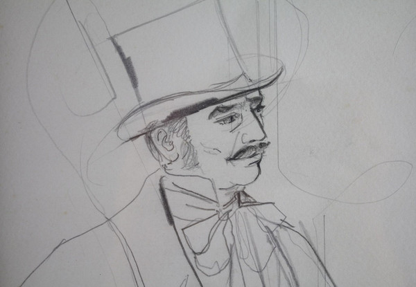 Drawing "Portrait of a man in a top hat" Jean-Baptiste Valadié (born in 1933)