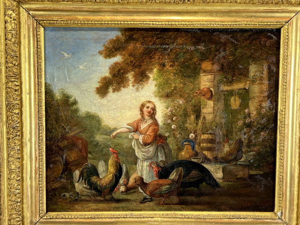 TABLEAU /PEINTURE DU XVIIIe / HUILE SUR TOILE ( RENTOILÉE ) " LA BASSE COUR "